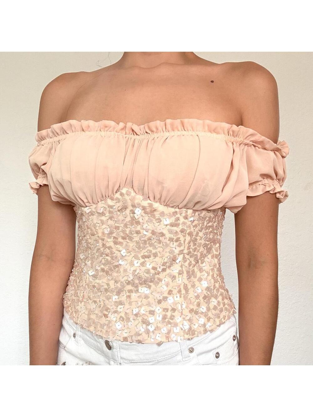 Euro handmade pink sequin off the shoulder corset top